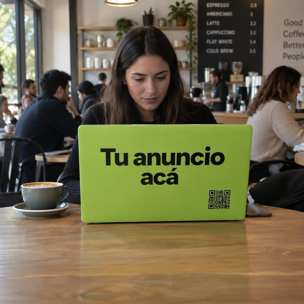 Notebook con vinilo publicitario en un café de especialidad